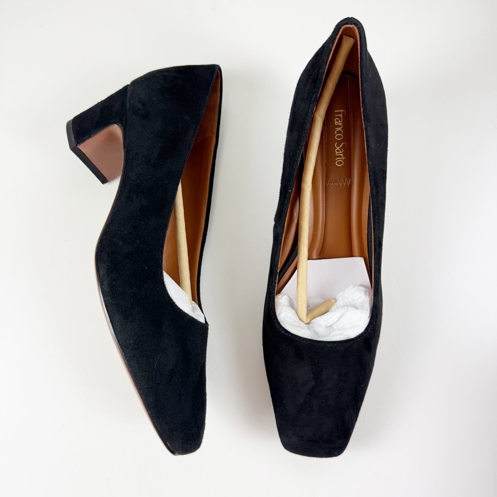 Franco Sarto Salino Square Toe Pumps Womens 9M Black Suede Block Heel NEW